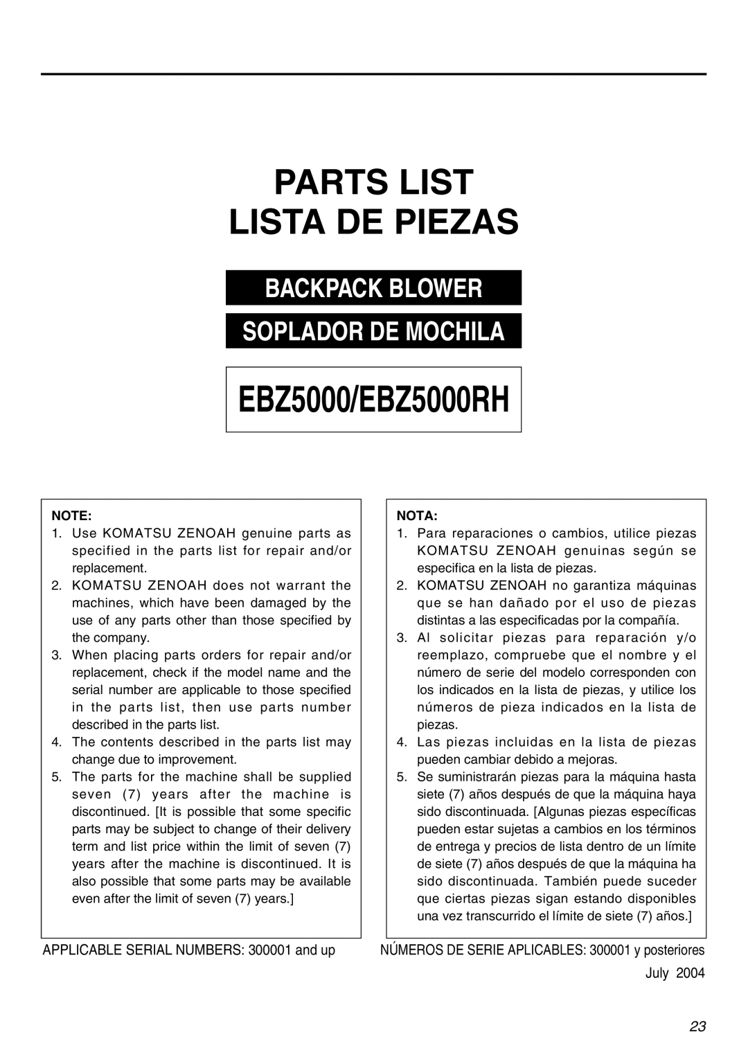 RedMax manual Parts List Lista De Piezas, APPLICABLE SERIAL NUMBERS 300001 and up, July, EBZ5000/EBZ5000RH, Nota 