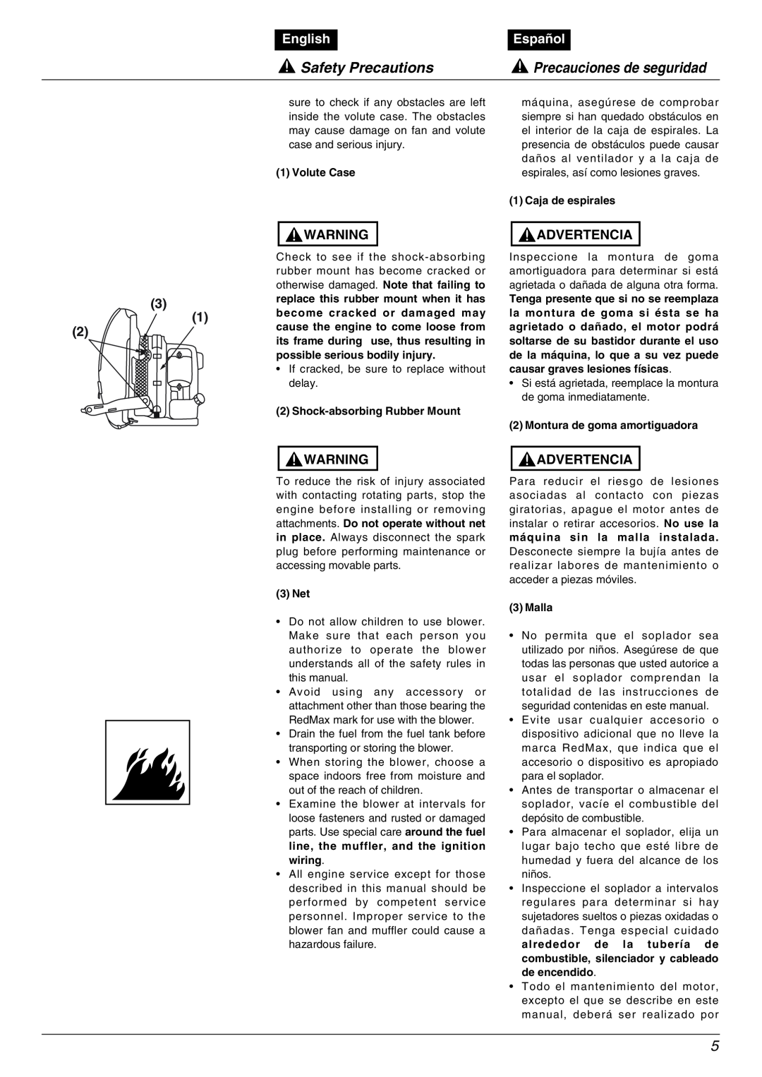 RedMax EBZ5000RH manual Safety Precautions, Precauciones de seguridad, English, Español, Advertencia 