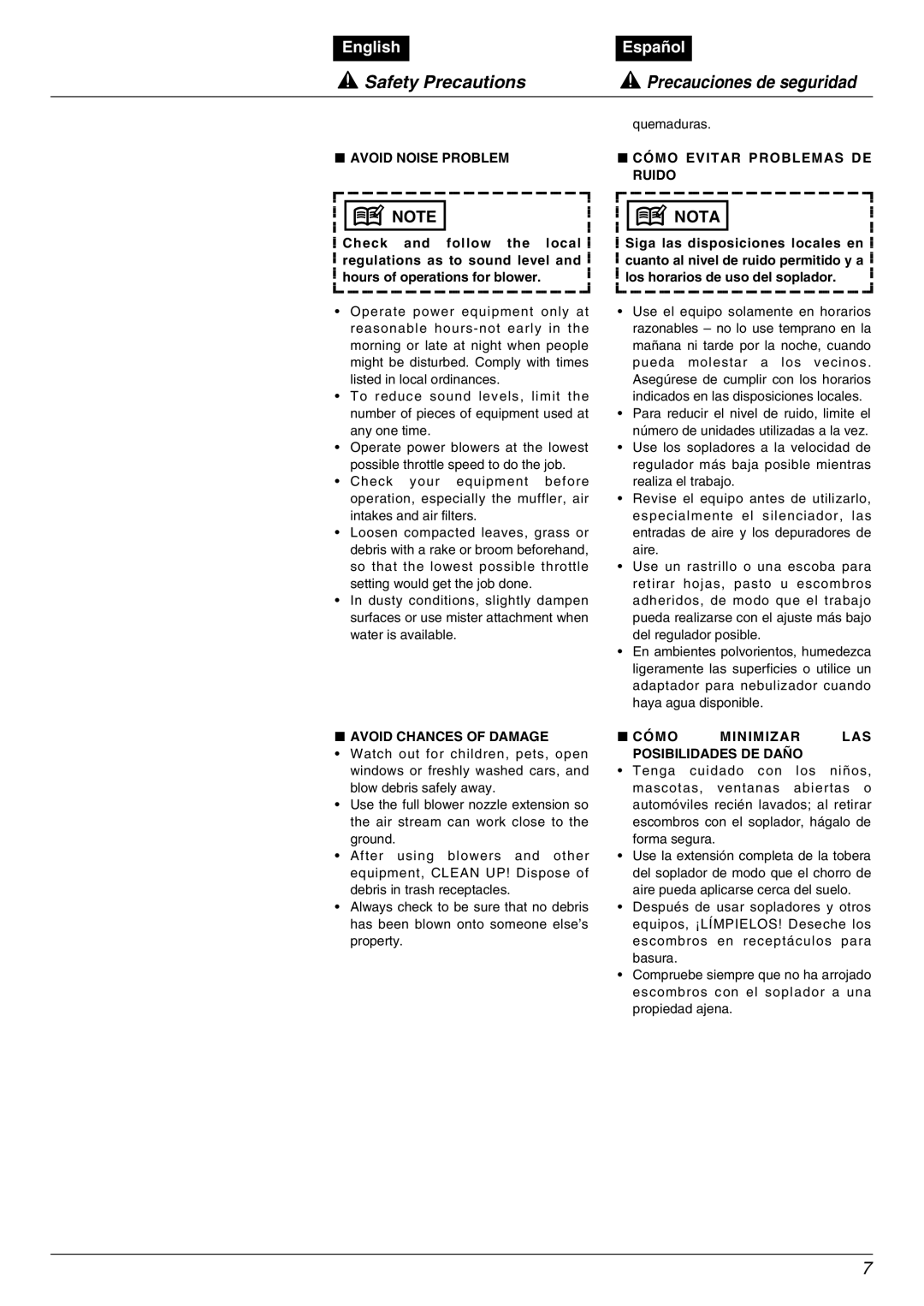 RedMax EBZ5000RH manual Safety Precautions, Precauciones de seguridad, English, Español, Nota 