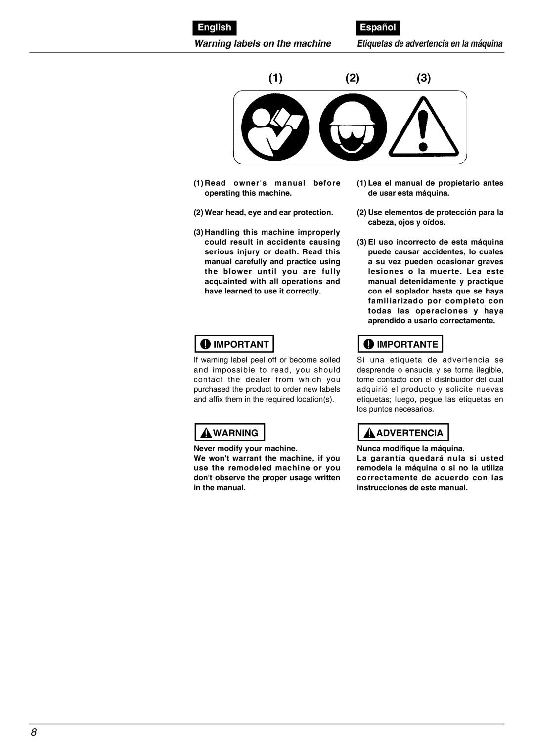RedMax EBZ5000RH manual Warning labels on the machine, English, Español, Importante, Advertencia 