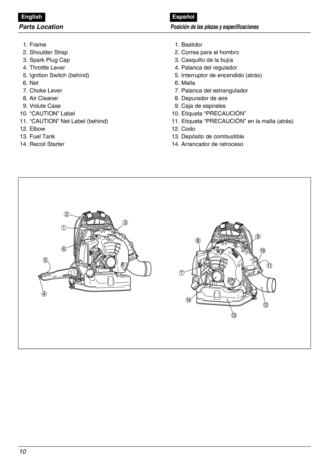 RedMax EBZ5000Q manual Parts Location Posición de las piezas y especificaciones 