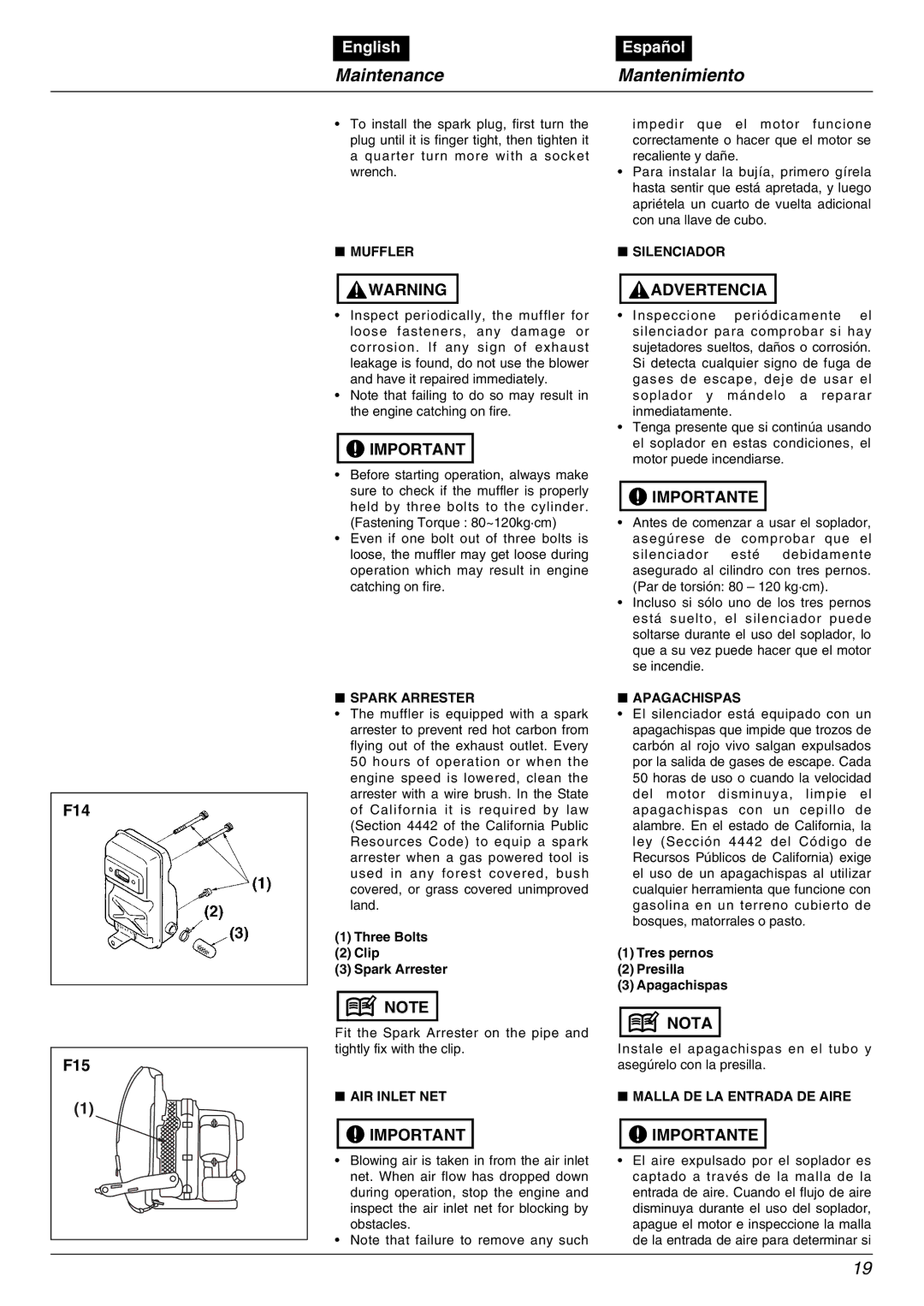 RedMax EBZ5000Q manual F14 F15 