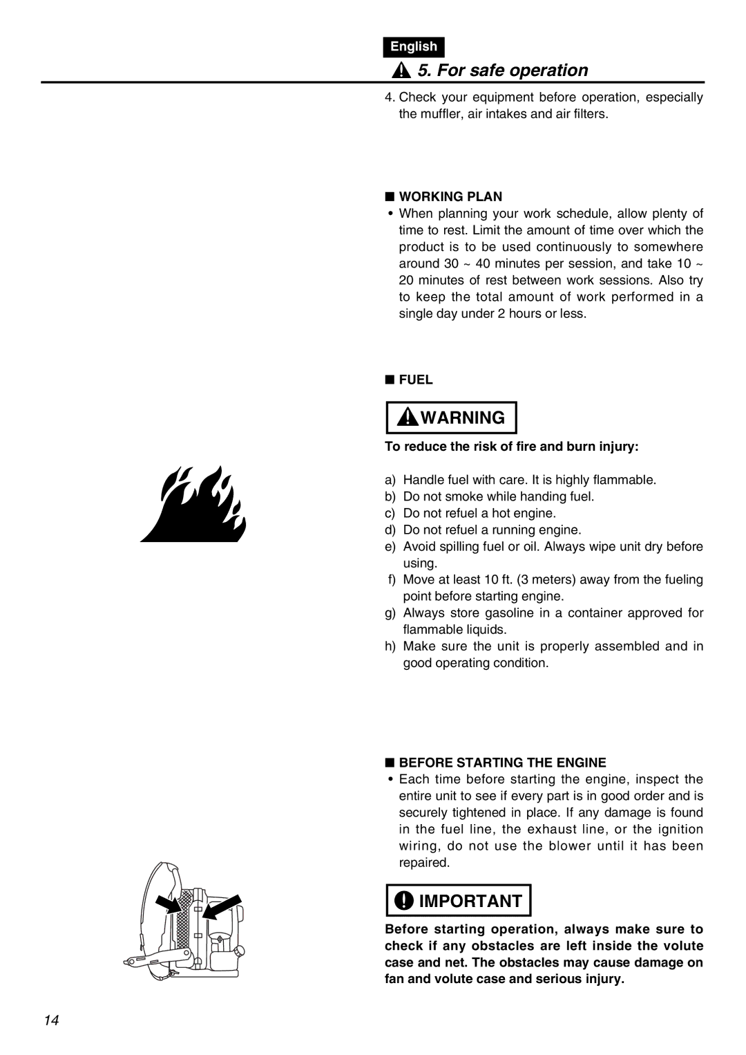 RedMax EBZ5100Q manual Working Plan, Fuel, To reduce the risk of fire and burn injury, Before Starting the Engine 