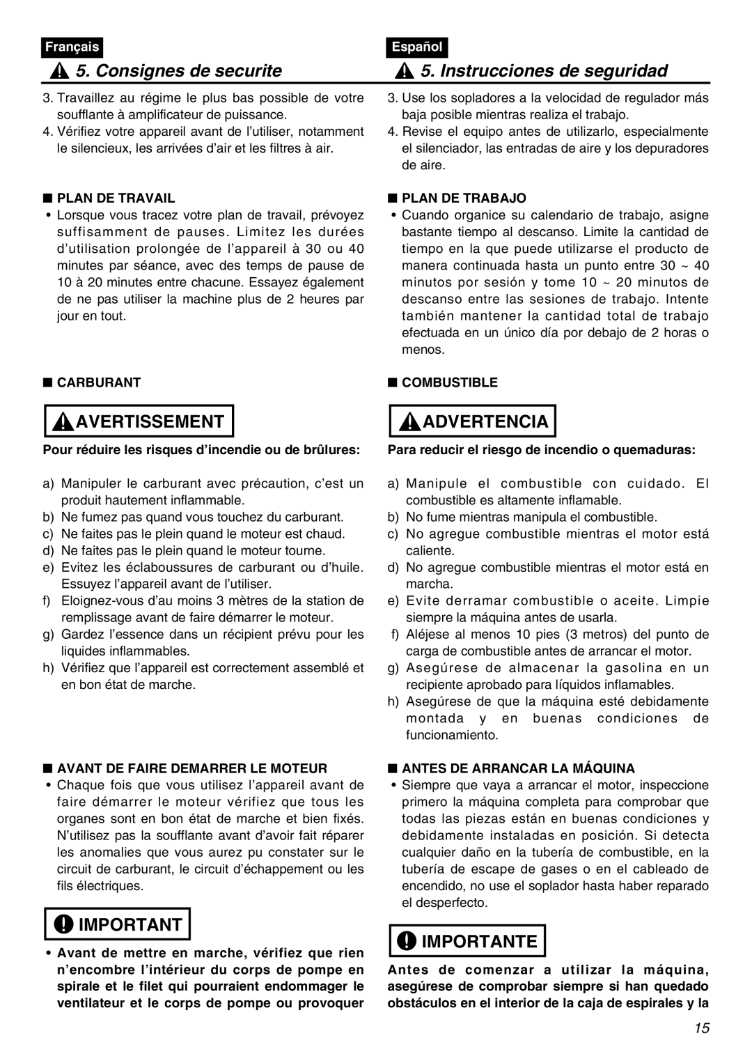 RedMax EBZ5100Q manual Plan DE Travail, Carburant, Avant DE Faire Demarrer LE Moteur, Plan DE Trabajo, Combustible 