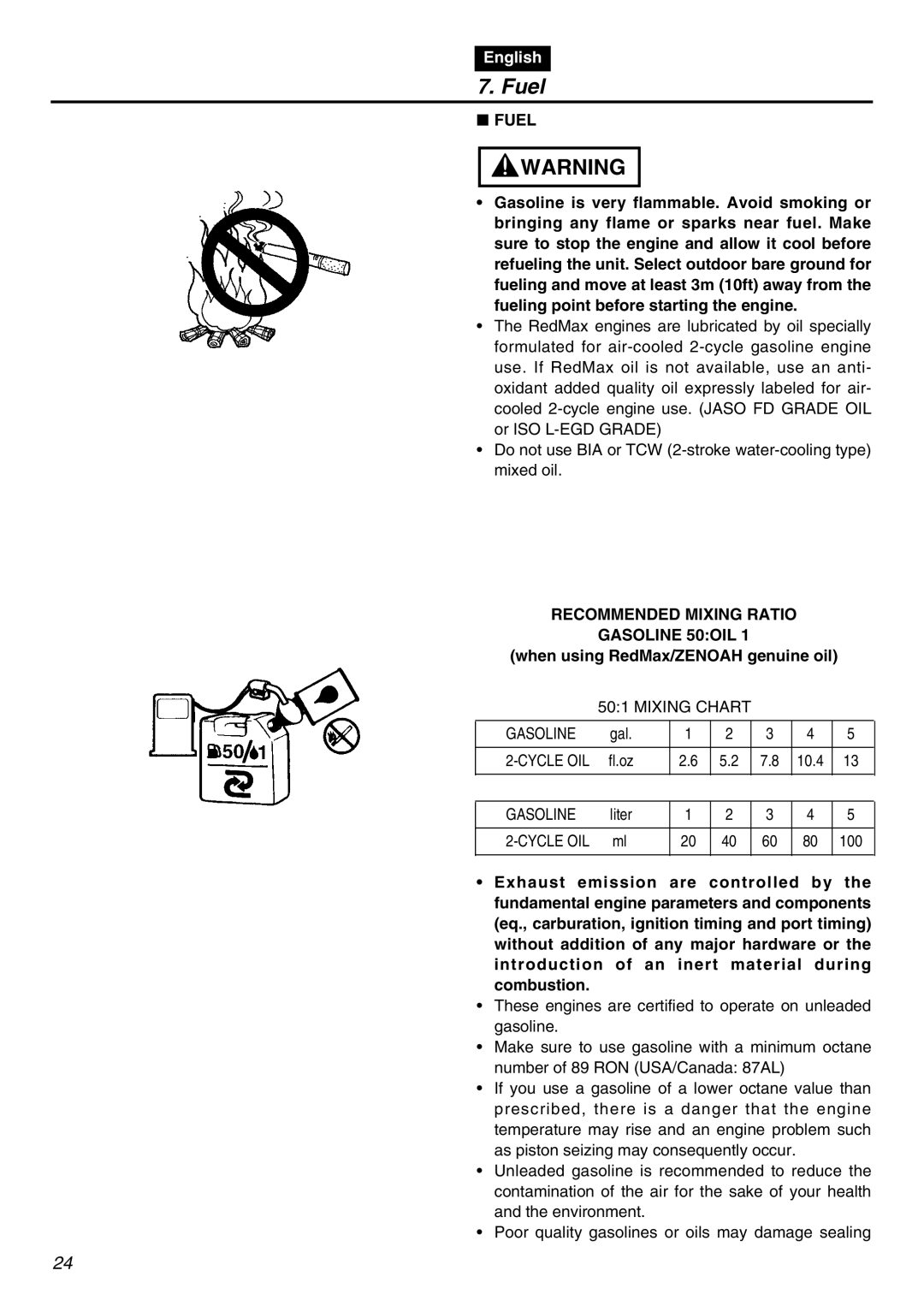 RedMax EBZ5100Q manual Fuel, Recommended Mixing Ratio Gasoline 50OIL, When using RedMax/ZENOAH genuine oil 