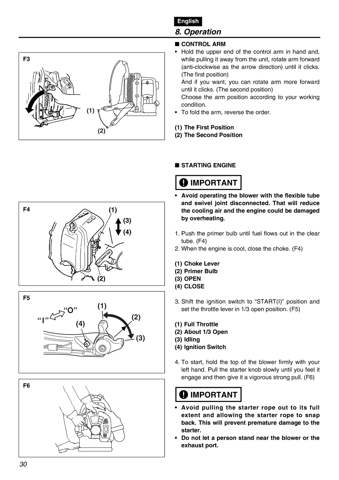 RedMax EBZ5100Q manual Operation, Control ARM, Starting Engine, Close 