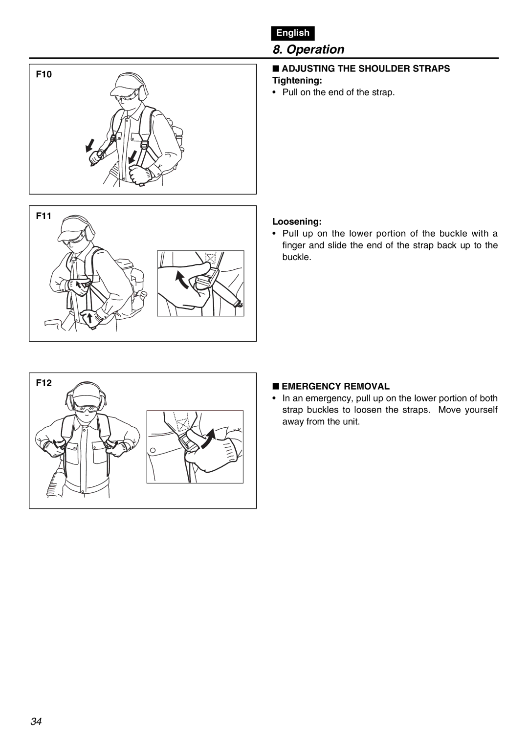 RedMax EBZ5100Q manual F10 F11 F12, Adjusting the Shoulder Straps Tightening, Loosening, Emergency Removal 