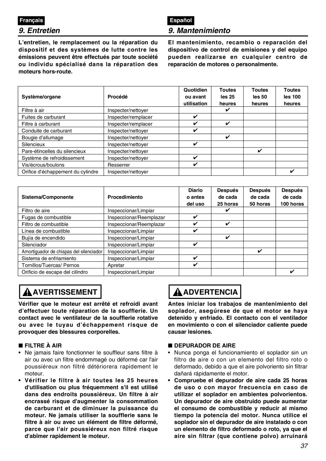 RedMax EBZ5100Q manual Entretien Mantenimiento, Filtre À AIR, Depurador DE Aire 