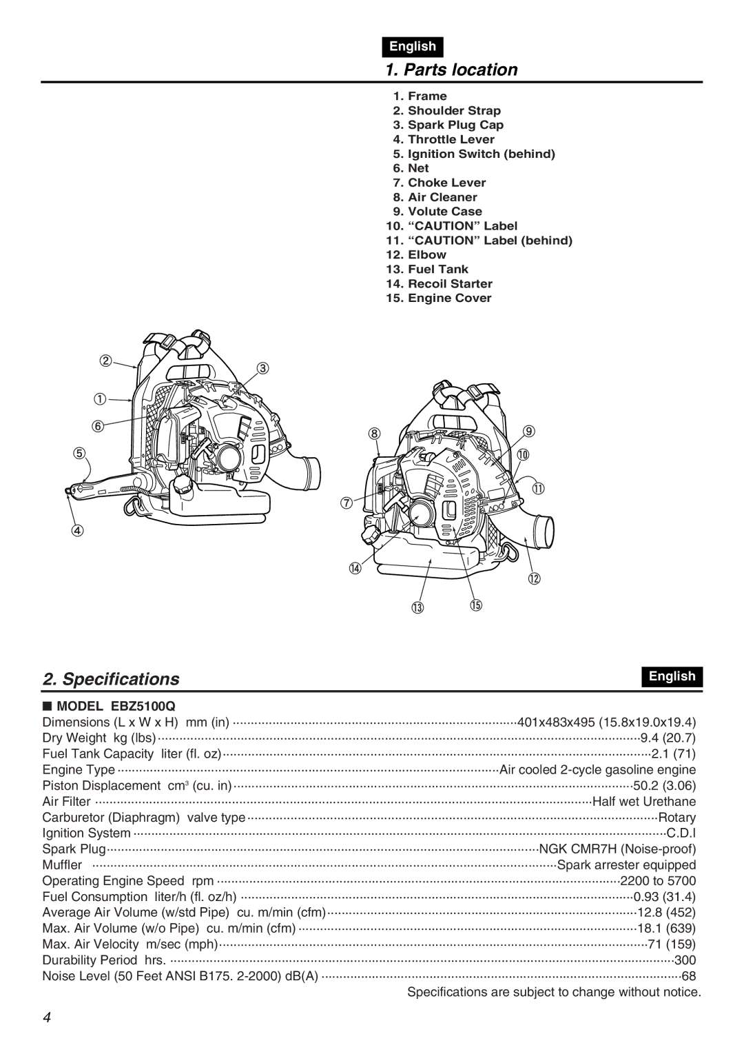 RedMax manual Parts location, Specifications, Model EBZ5100Q 