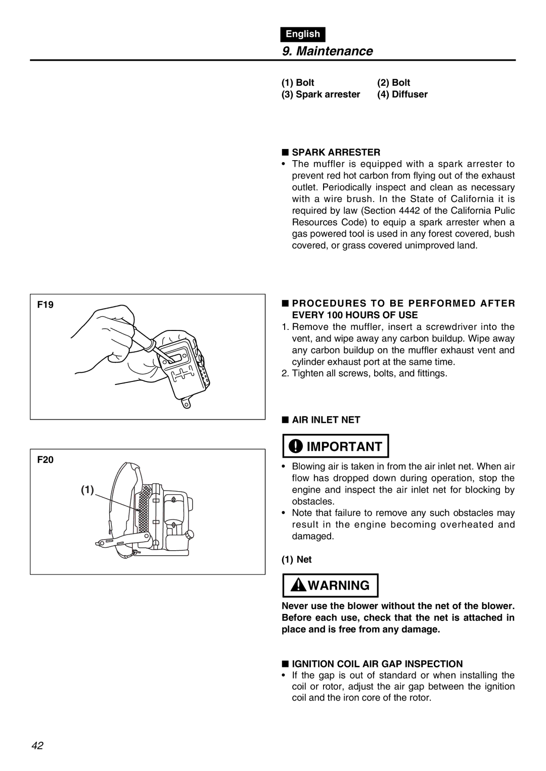 RedMax EBZ5100Q manual Spark Arrester, Procedures to be Performed After Every 100 Hours of USE, AIR Inlet NET 