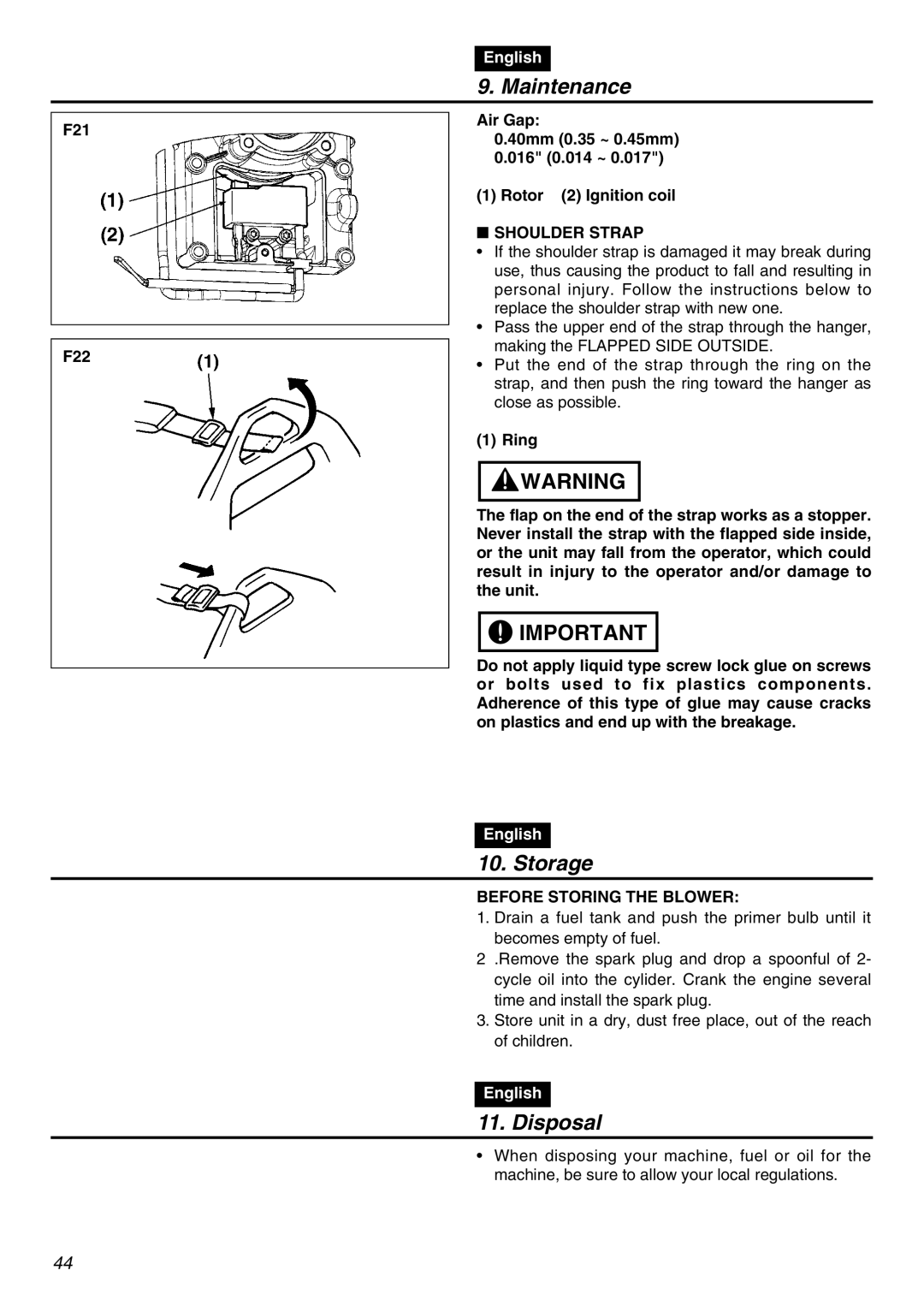 RedMax EBZ5100Q manual Storage, Disposal, F21 F22, Shoulder Strap, Before Storing the Blower 