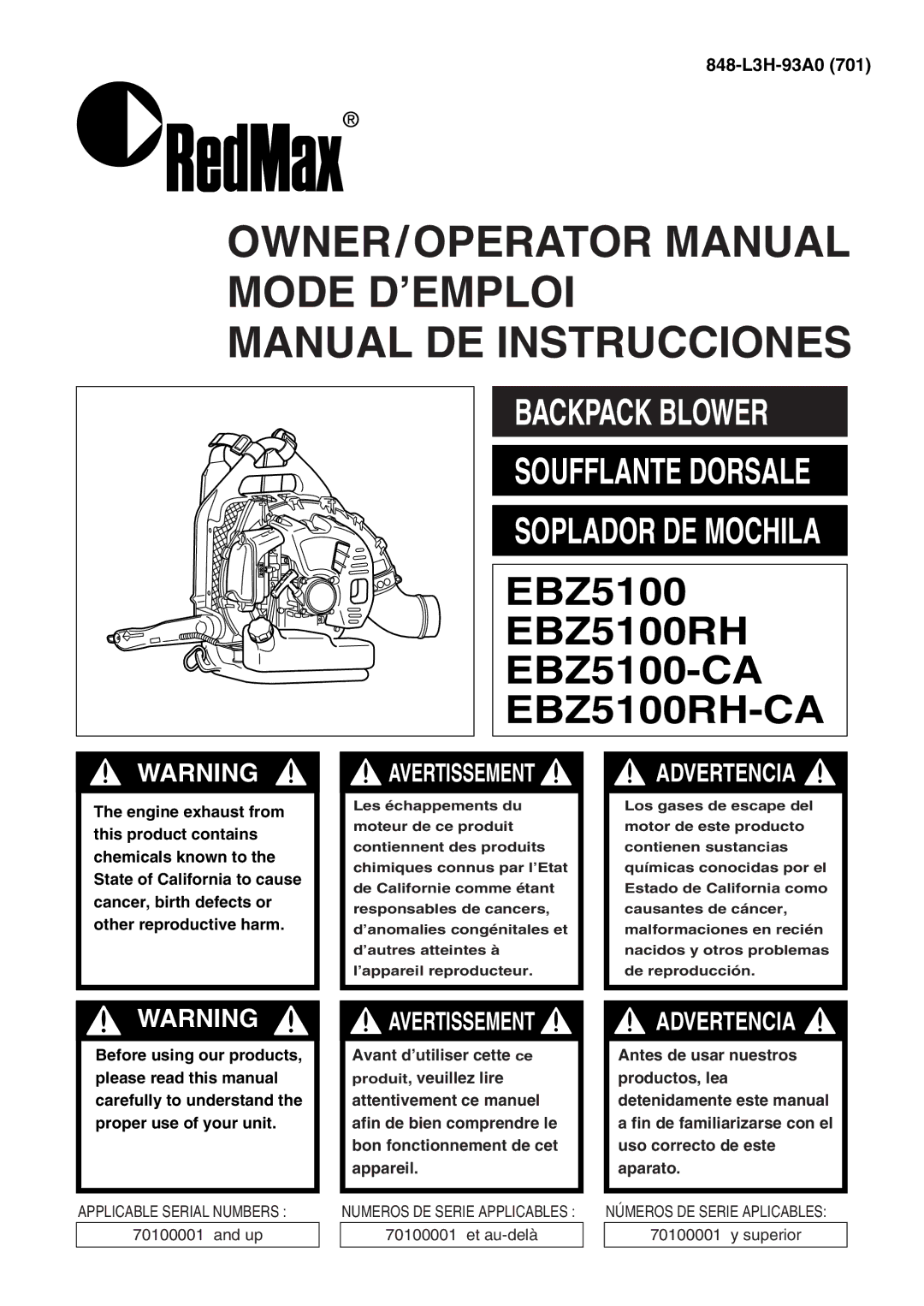 RedMax EBZ5100RH-CA, EBZ5100-CA manual OWNER/OPERATOR Manual Mode D’EMPLOI Manual DE Instrucciones 