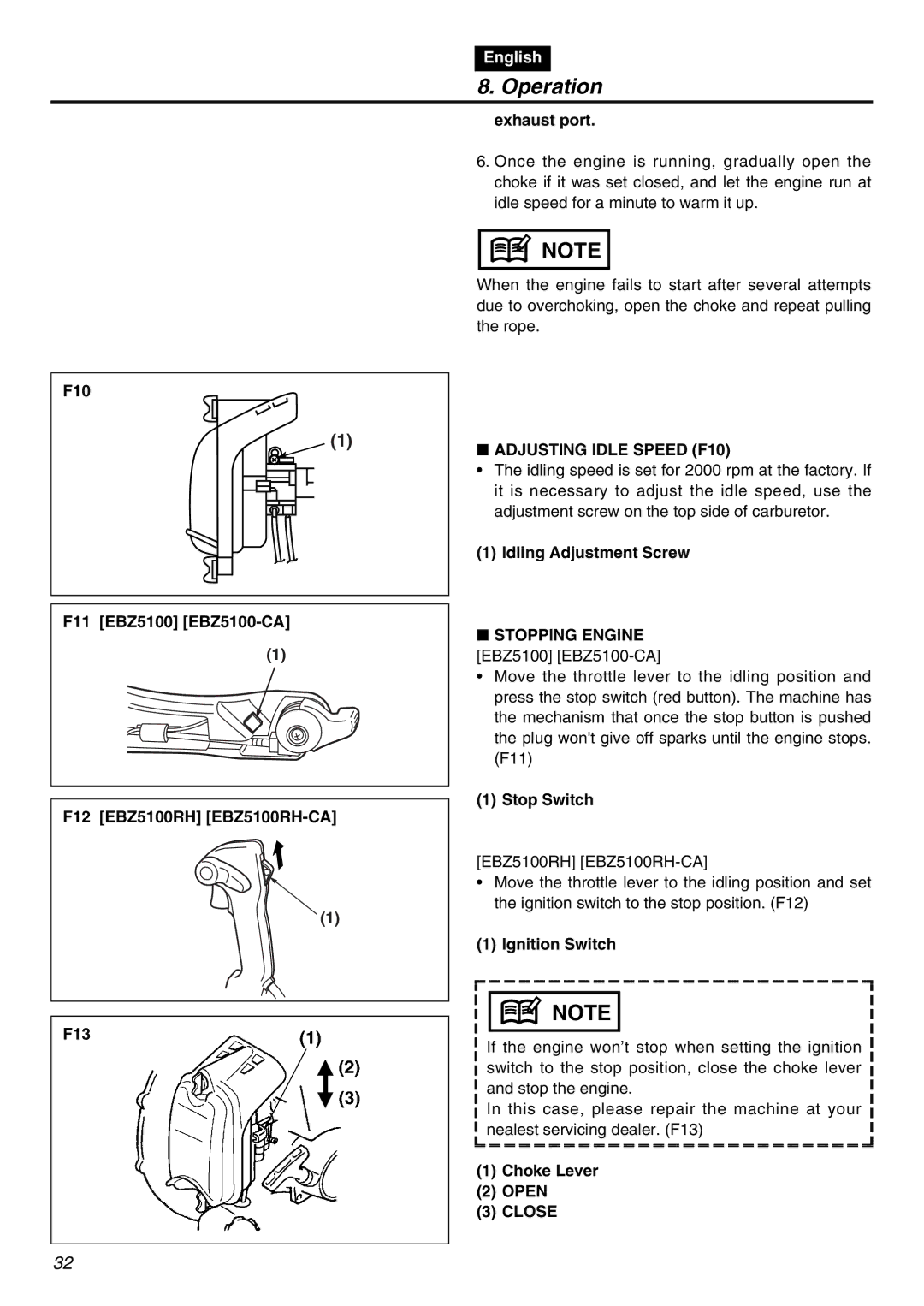 RedMax EBZ5100RH manual Adjusting Idle Speed F10, Idling Adjustment Screw, Stopping Engine, Stop Switch, Choke Lever Open 