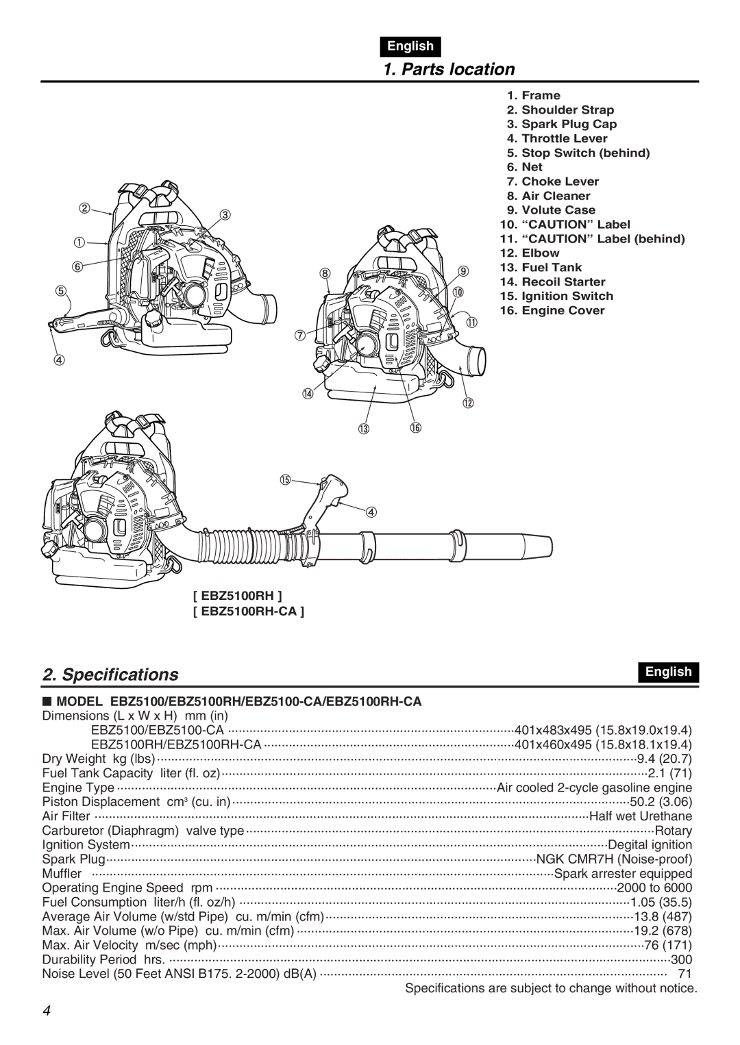 RedMax EBZ5100RH-CA, EBZ5100-CA manual Parts location, Specifications 