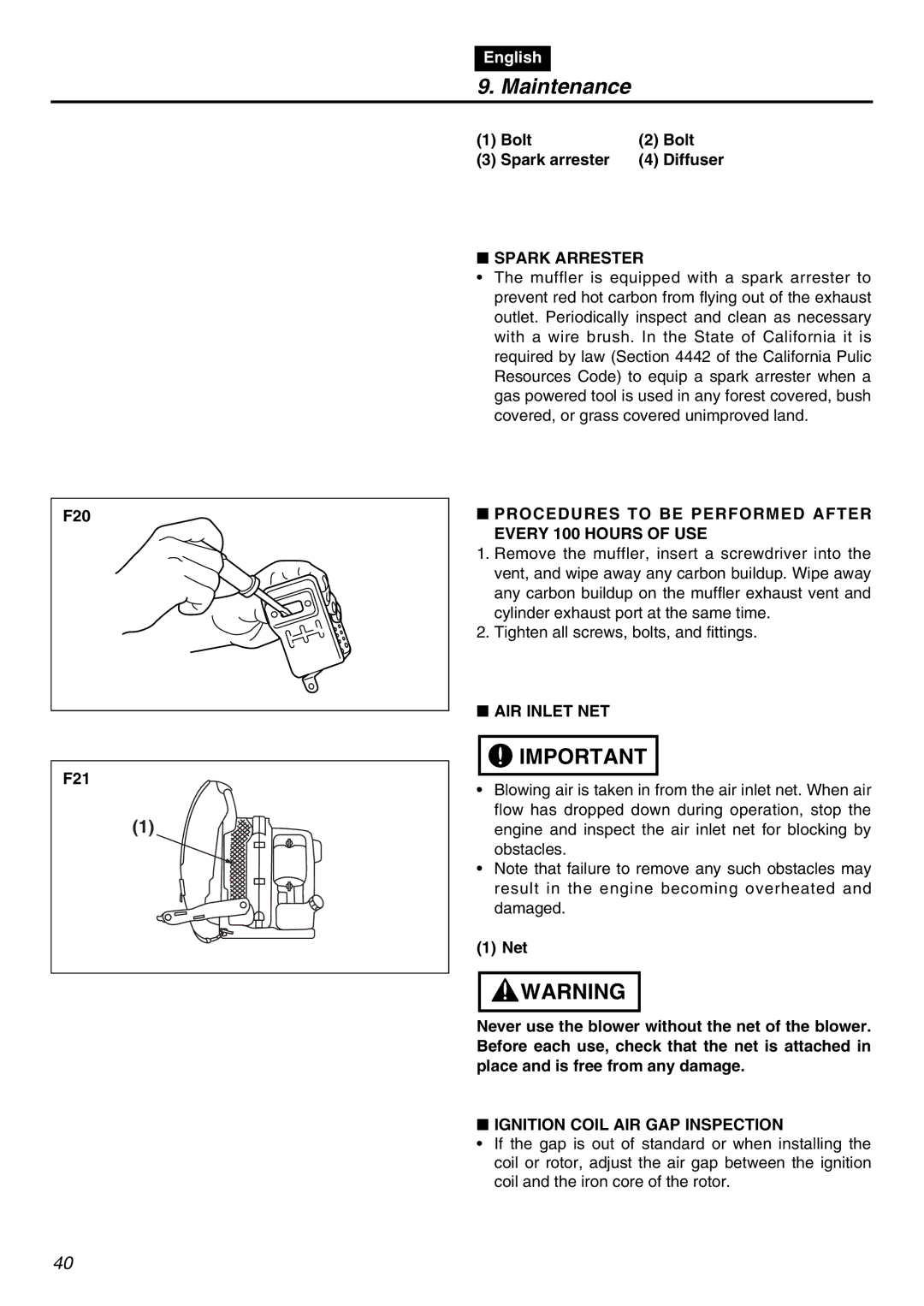 RedMax EBZ5100RH-CA, EBZ5100-CA Spark Arrester, Procedures to be Performed After Every 100 Hours of USE, AIR Inlet NET 