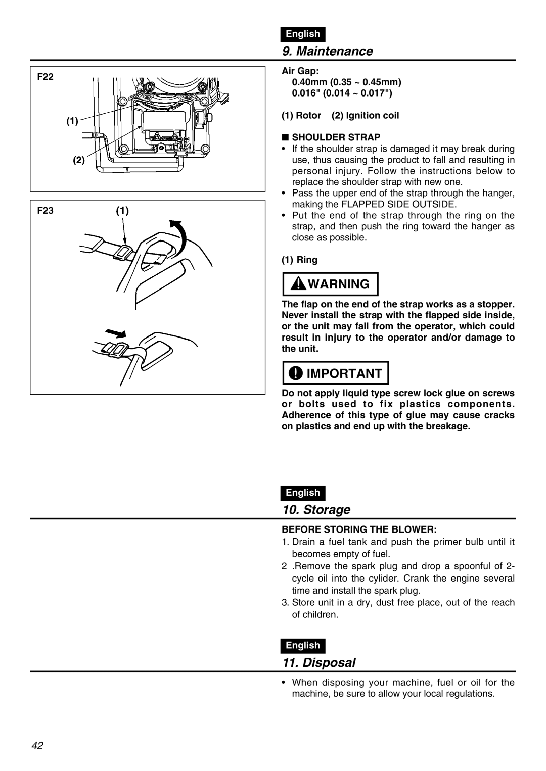 RedMax EBZ5100RH-CA, EBZ5100-CA manual Storage, Disposal, F22 F23, Shoulder Strap, Before Storing the Blower 