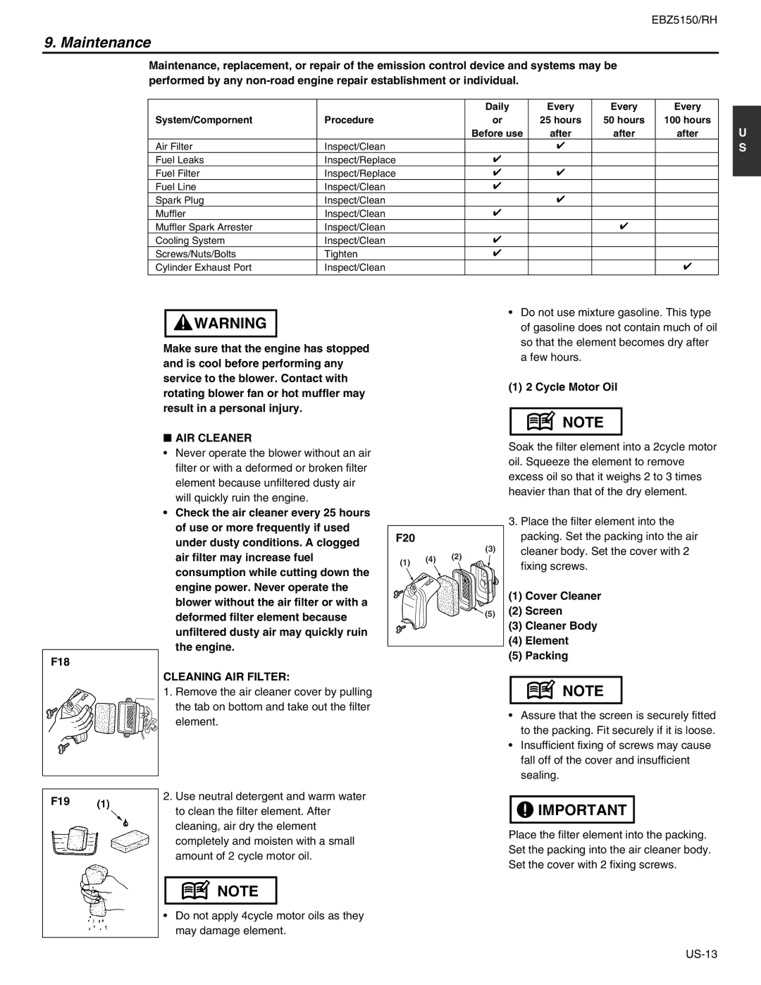 RedMax EBZ5150RH manual Maintenance, AIR Cleaner, Cleaning AIR Filter 