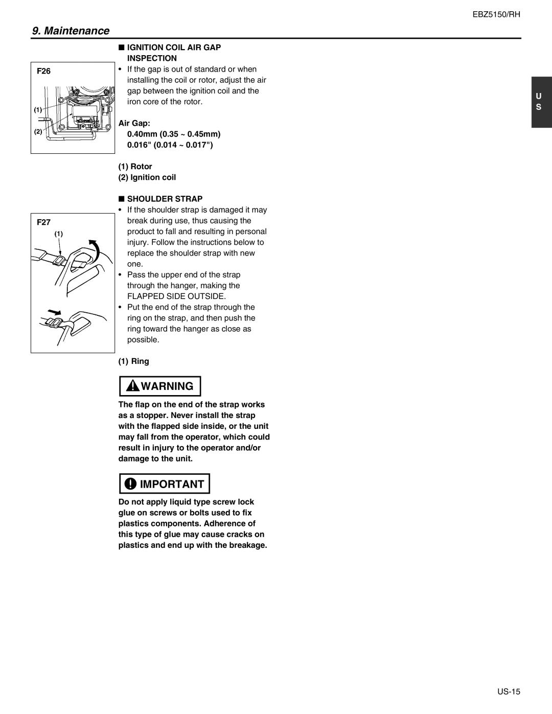 RedMax EBZ5150RH manual F26, Ignition Coil AIR GAP Inspection, Shoulder Strap 