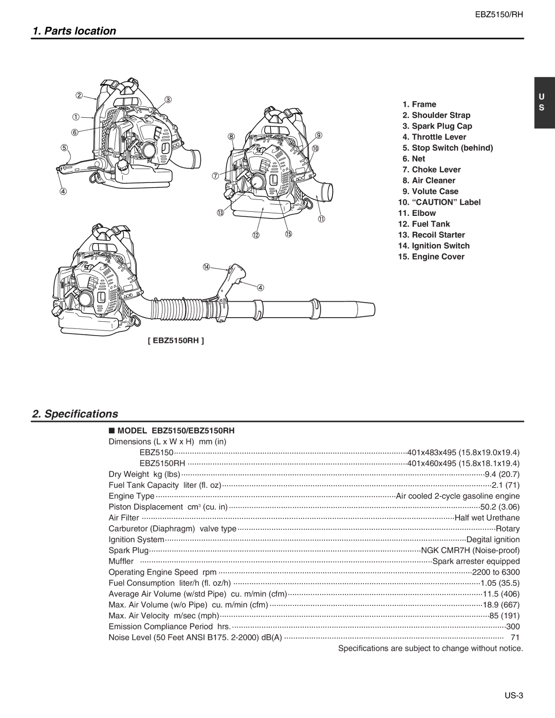 RedMax manual Parts location, Specifications, Model EBZ5150/EBZ5150RH Dimensions L x W x H mm 