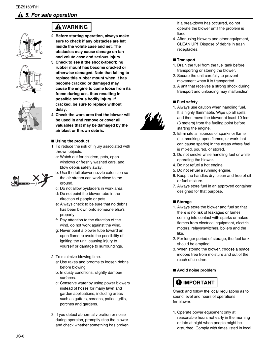 RedMax EBZ5150RH manual Transport, Fuel safety, Storage, Avoid noise problem 