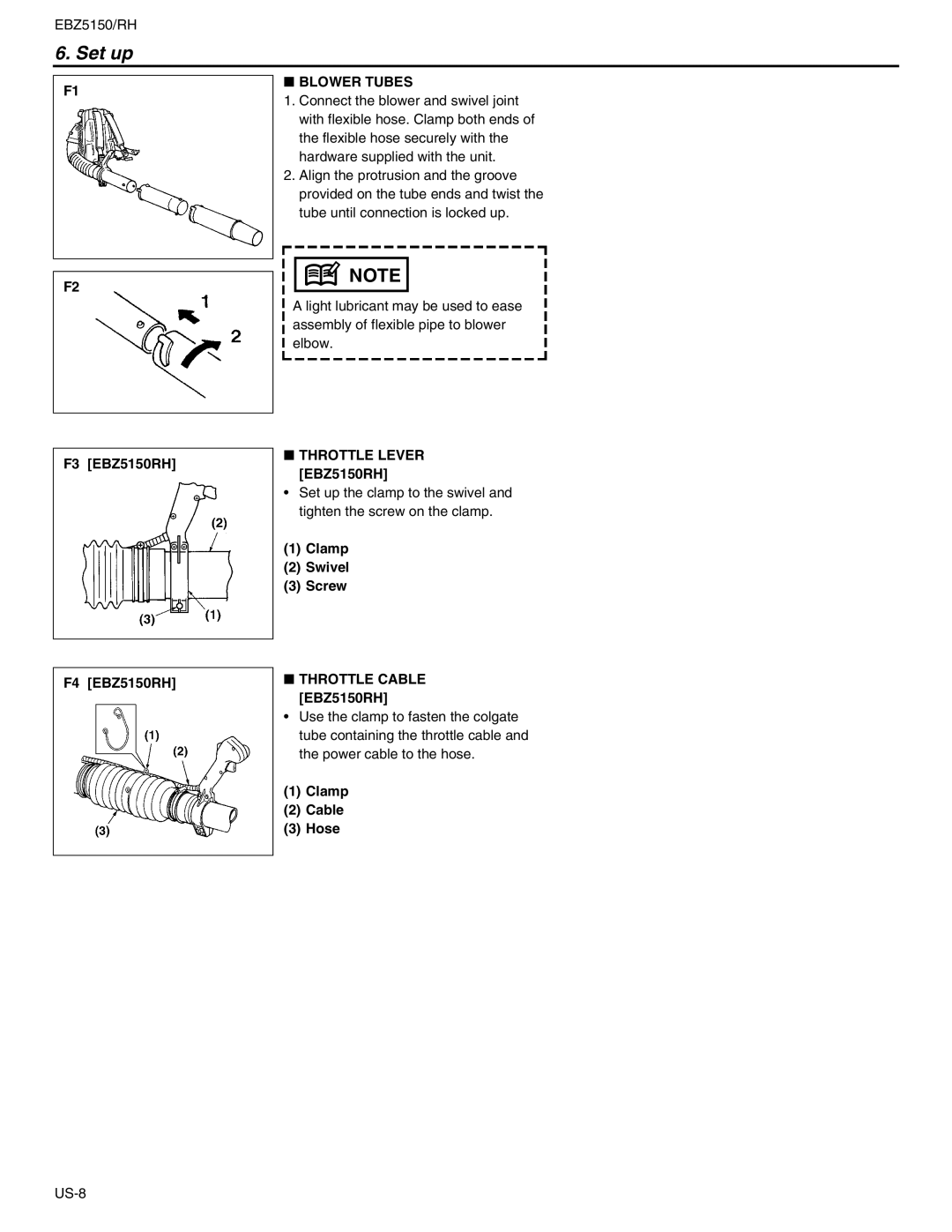 RedMax manual Set up, Blower Tubes, Throttle Lever, Throttle Cable EBZ5150RH 