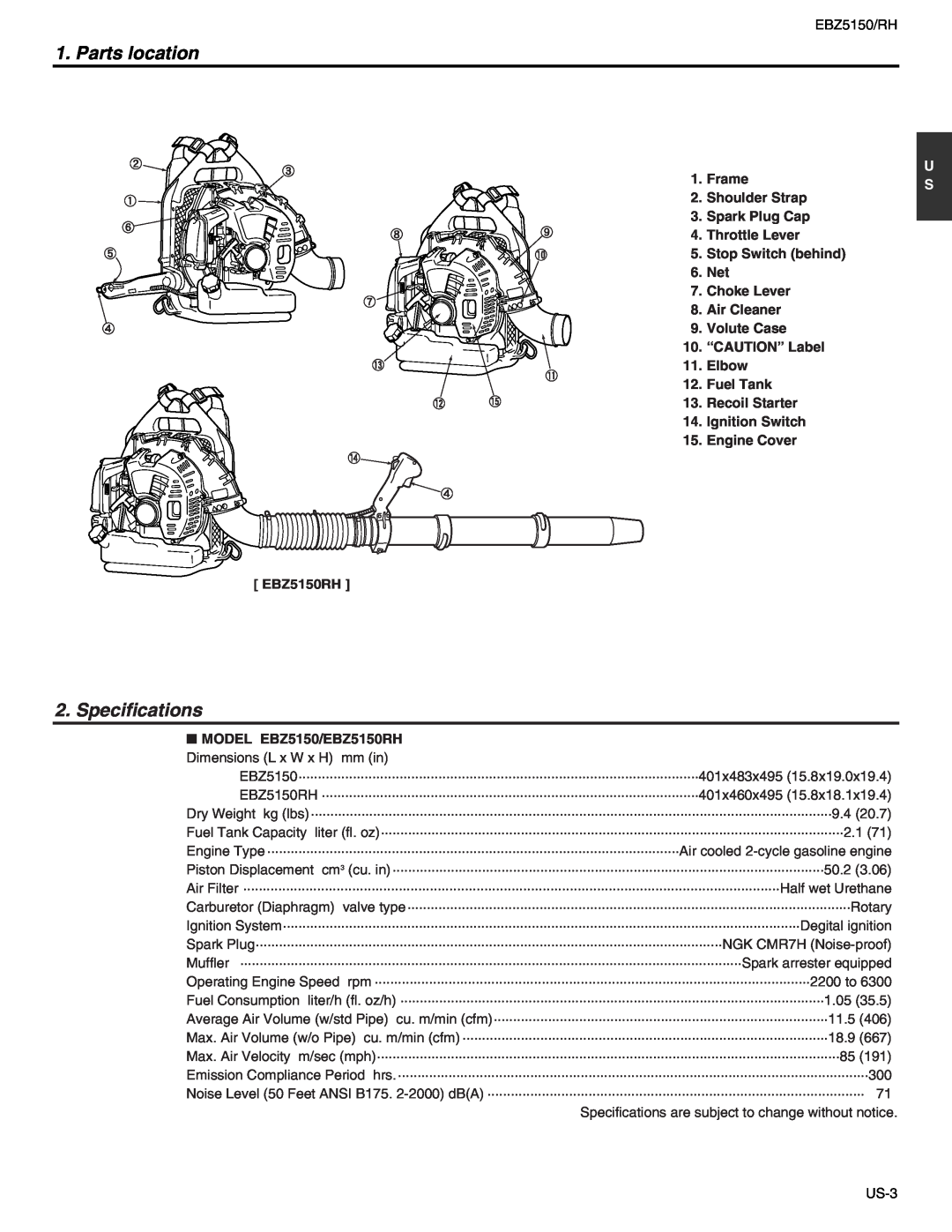 RedMax EBZ5150RH manual Parts location, Specifications 