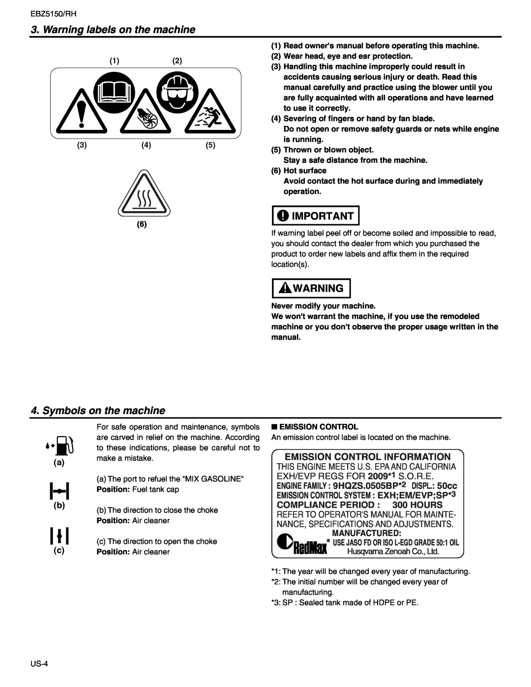 RedMax EBZ5150RH manual Warning labels on the machine, Symbols on the machine, Emission Control Information 