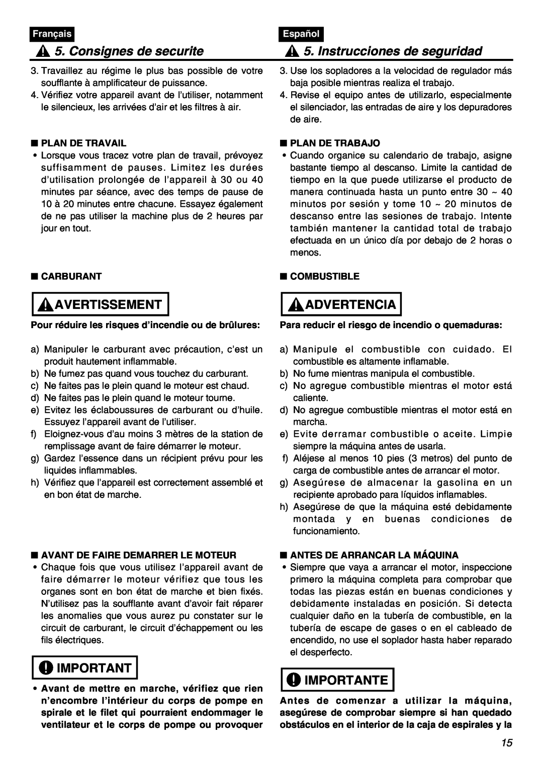 RedMax EBZ7001 manual Consignes de securite, Instrucciones de seguridad, Avertissement, Advertencia, Importante, Français 