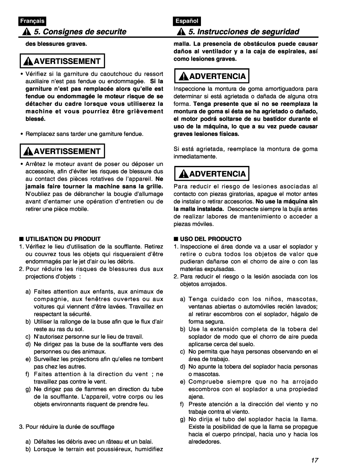 RedMax EBZ7001-CA manual Consignes de securite, Instrucciones de seguridad, Avertissement, Advertencia, Français, Español 