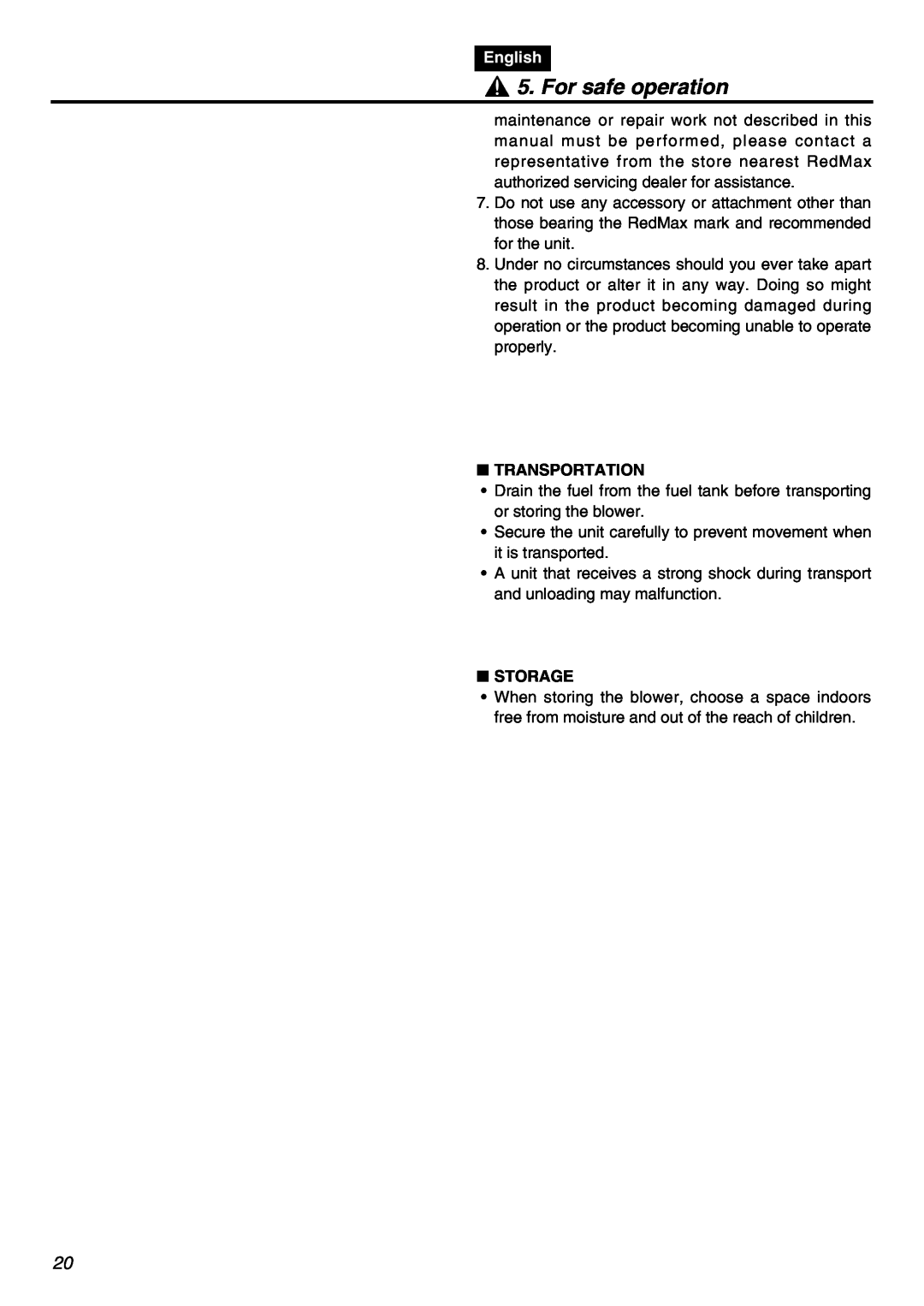 RedMax EBZ7001RH-CA, EBZ7001-CA manual For safe operation, English, Transportation, Storage 
