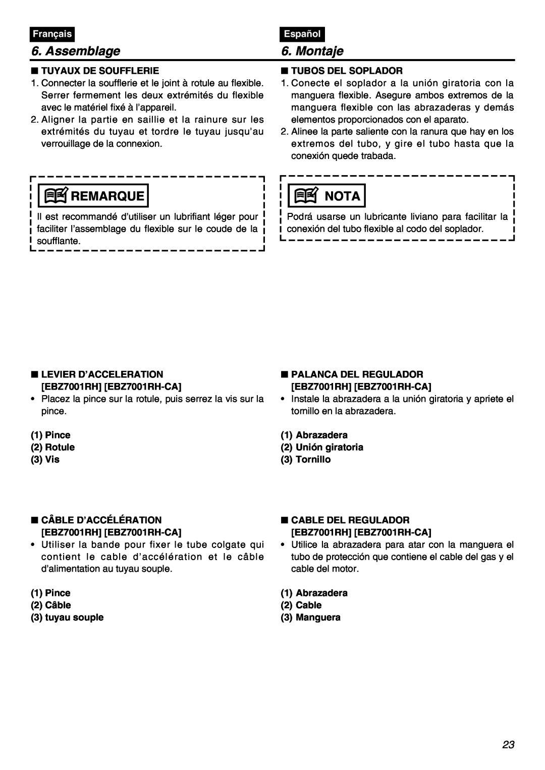 RedMax EBZ7001RH manual Assemblage, Montaje, Tuyaux De Soufflerie, Tubos Del Soplador, Remarque, Nota, Français, Español 