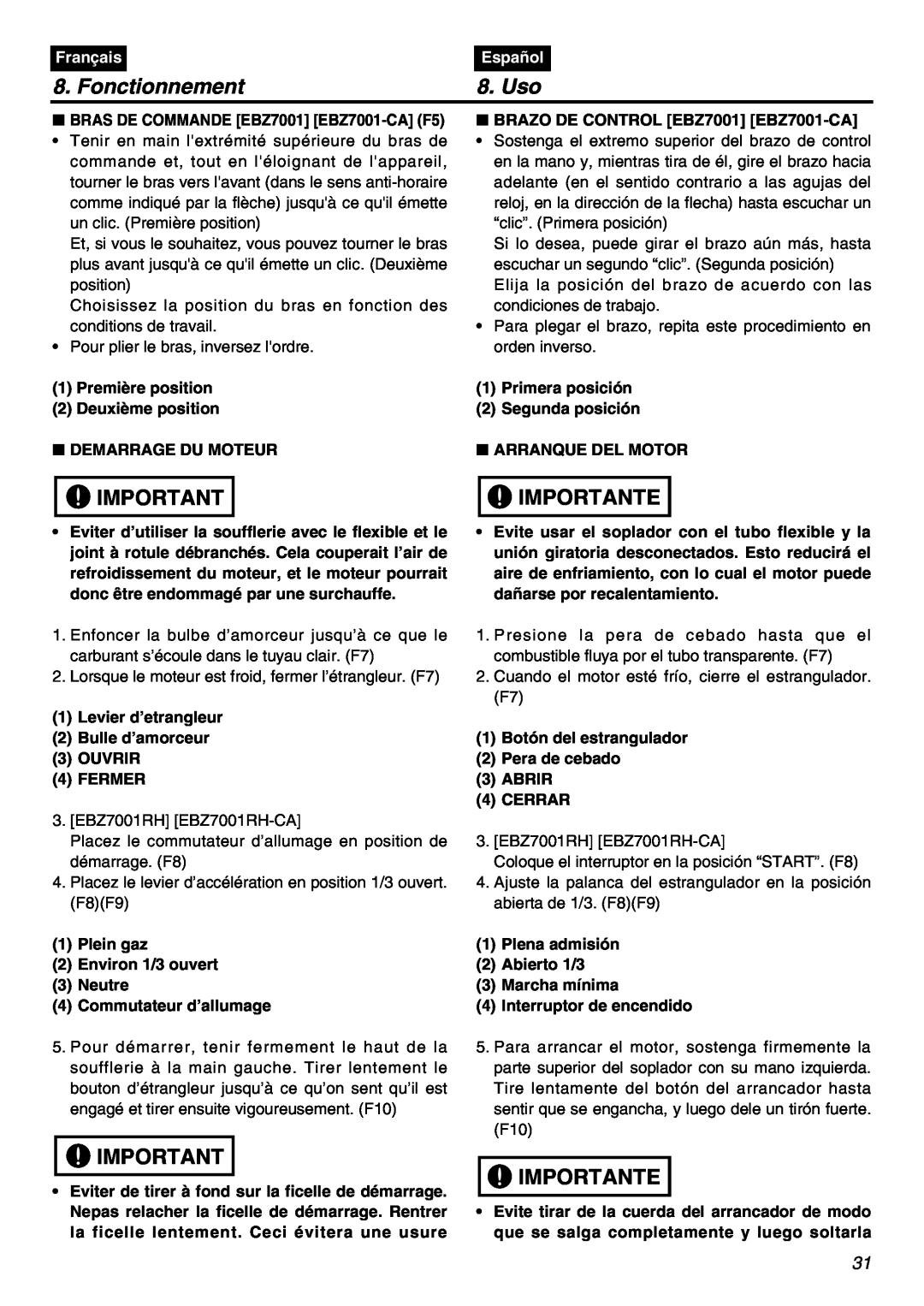 RedMax EBZ7001RH-CA, EBZ7001-CA manual Fonctionnement, Uso, Importante, Français, Español 
