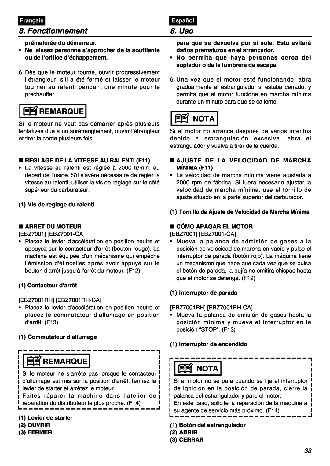 RedMax EBZ7001-CA, EBZ7001RH-CA manual Fonctionnement, Uso, Remarque, Nota, Français, Español 