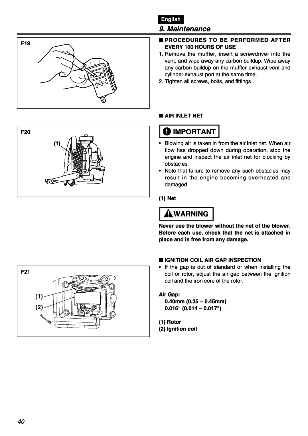 RedMax EBZ7001RH-CA, EBZ7001-CA manual Maintenance, F19 F20, English 
