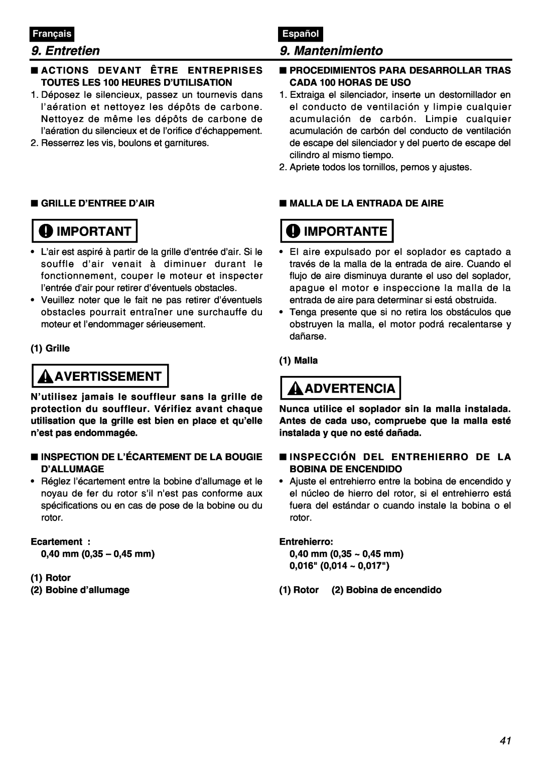 RedMax EBZ7001-CA, EBZ7001RH-CA manual Entretien, Mantenimiento, Importante, Avertissement, Advertencia, Français, Español 