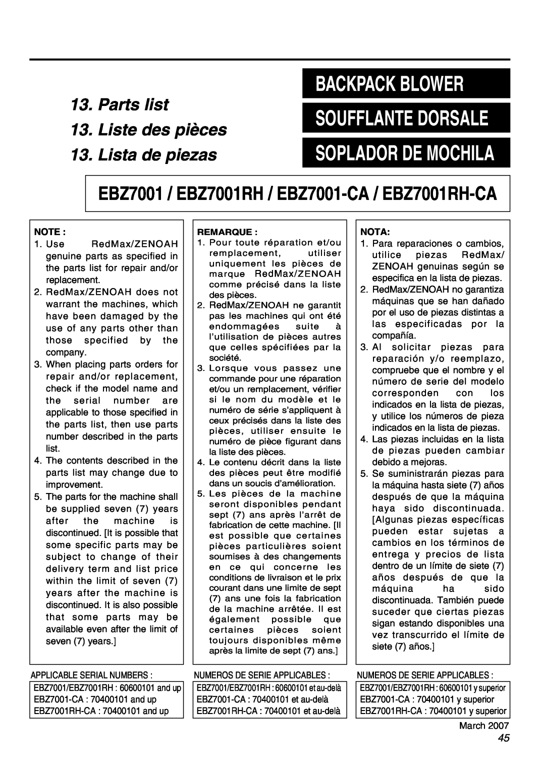 RedMax EBZ7001-CA, EBZ7001RH-CA manual Backpack Blower, Soufflante Dorsale, Soplador De Mochila 