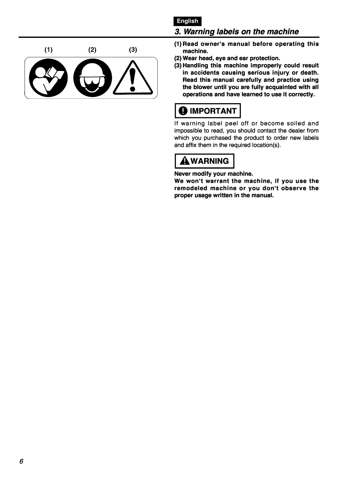 RedMax EBZ7001RH-CA, EBZ7001-CA manual Warning labels on the machine, English 
