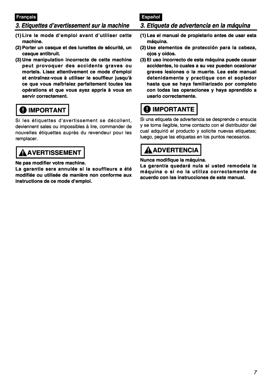 RedMax EBZ7001 manual Avertissement, Importante, Advertencia, Etiquettes d’avertissement sur la machine, Français, Español 