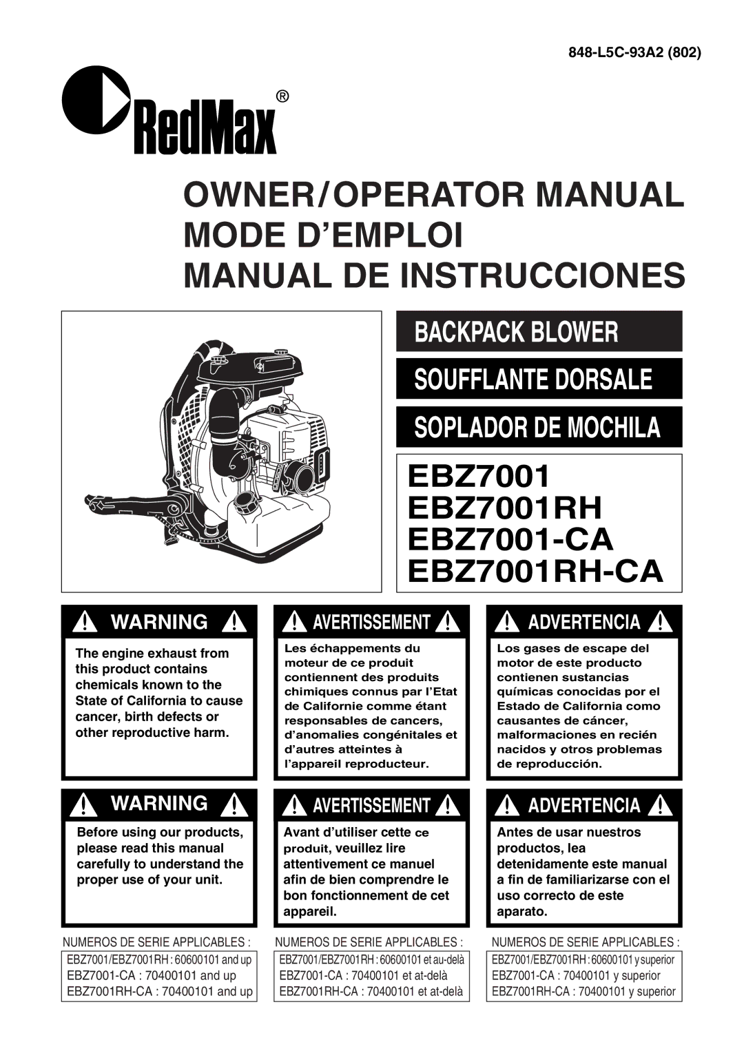 RedMax EBZ7001-CA, EBZ7001RH-CA manual OWNER/OPERATOR Manual Mode D’EMPLOI Manual DE Instrucciones 