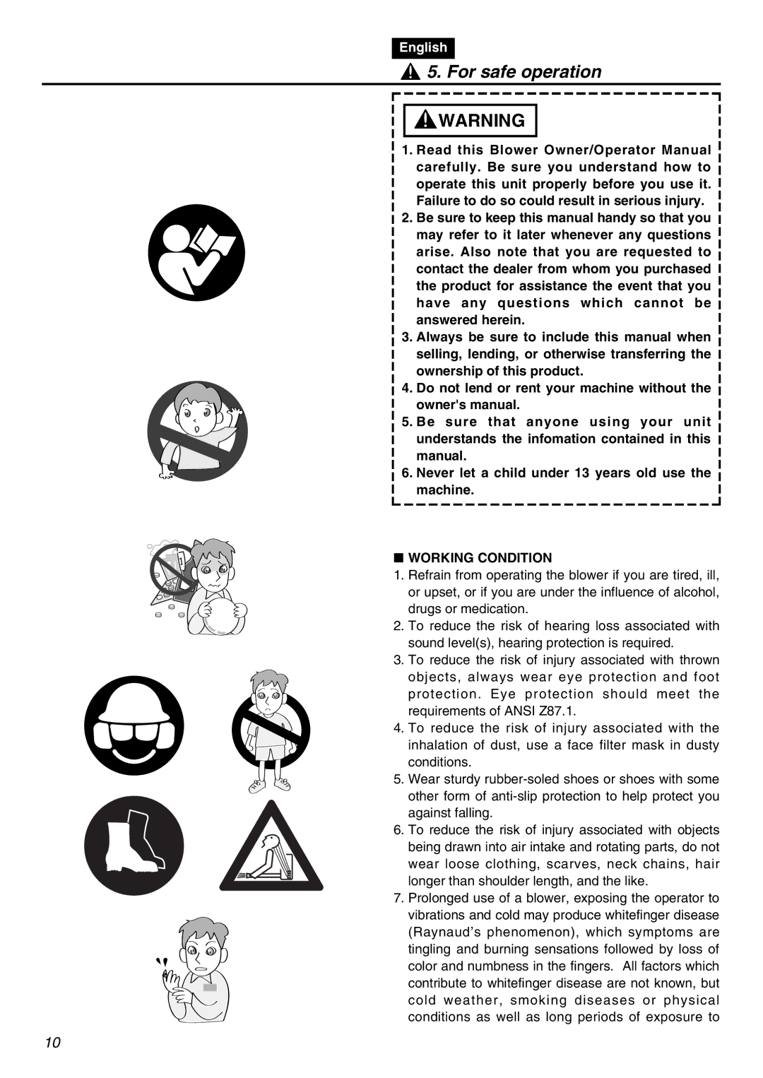 RedMax EBZ7001RH-CA, EBZ7001-CA manual For safe operation, Working Condition 