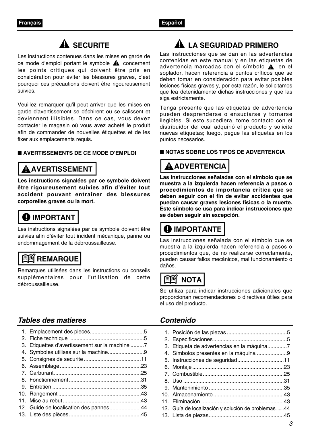 RedMax EBZ7001 Tables des matieres Contenido, Avertissements DE CE Mode D’EMPLOI, Notas Sobre LOS Tipos DE Advertencia 