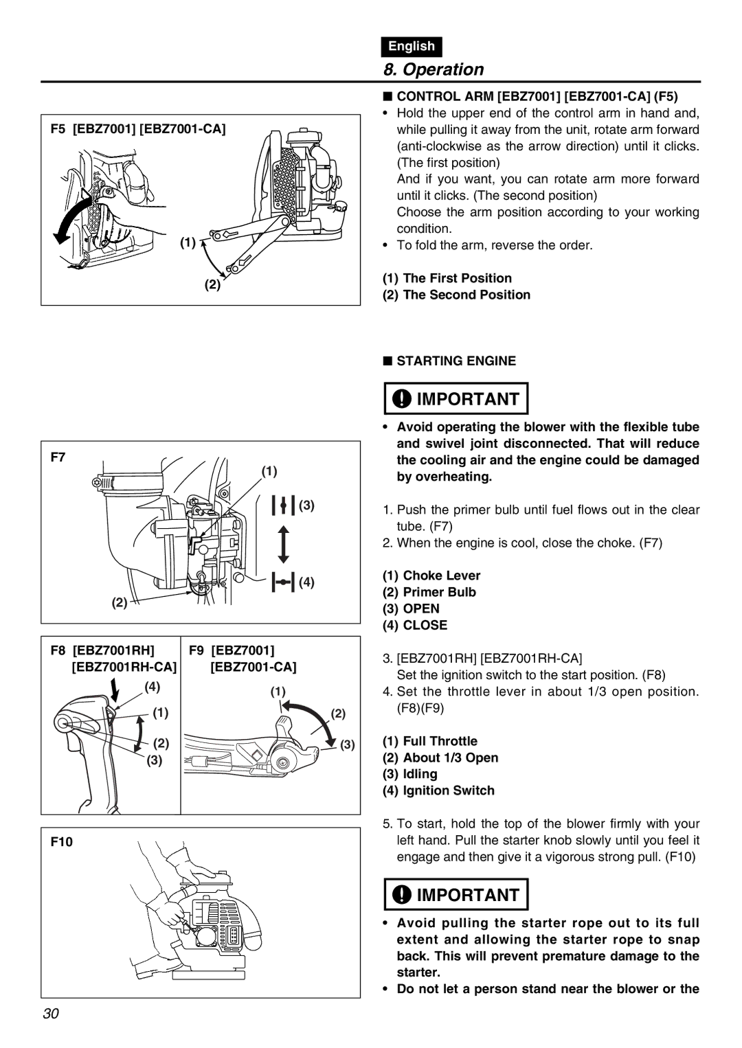 RedMax EBZ7001RH-CA, EBZ7001-CA manual Operation, Starting Engine, Close 