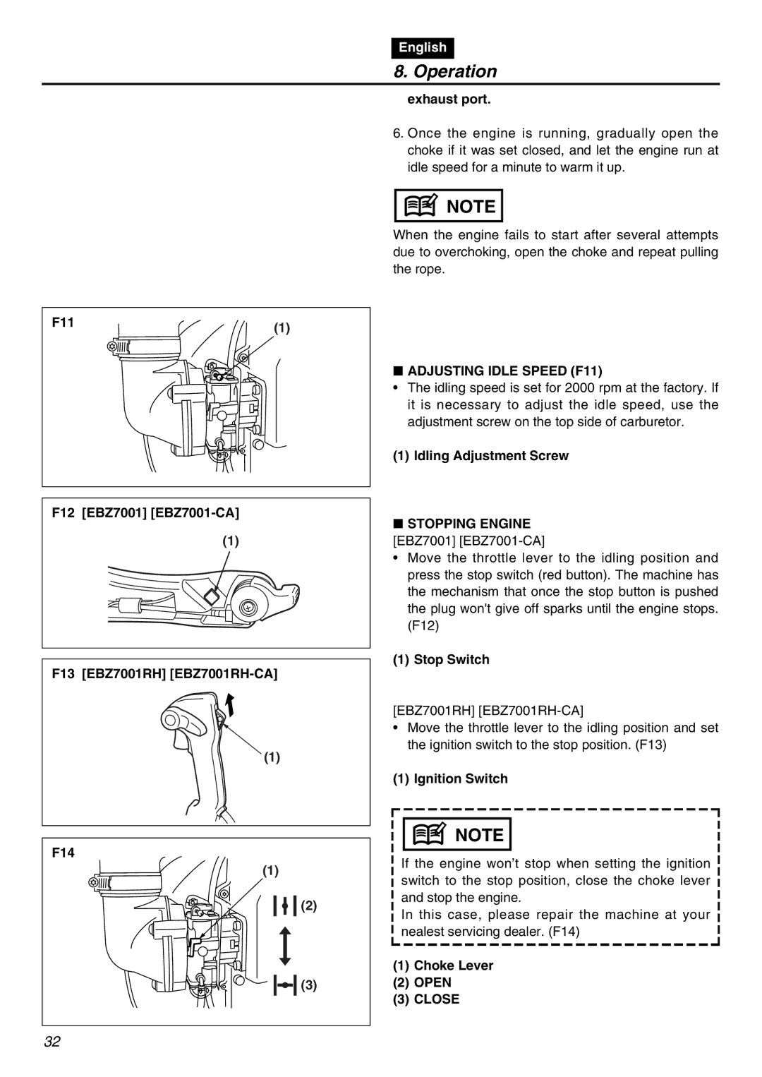 RedMax EBZ7001RH-CA Adjusting Idle Speed F11, Idling Adjustment Screw, Stopping Engine, Stop Switch, Choke Lever Open 