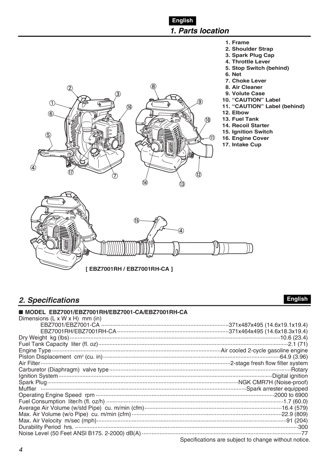 RedMax EBZ7001RH-CA, EBZ7001-CA manual Parts location, Specifications 