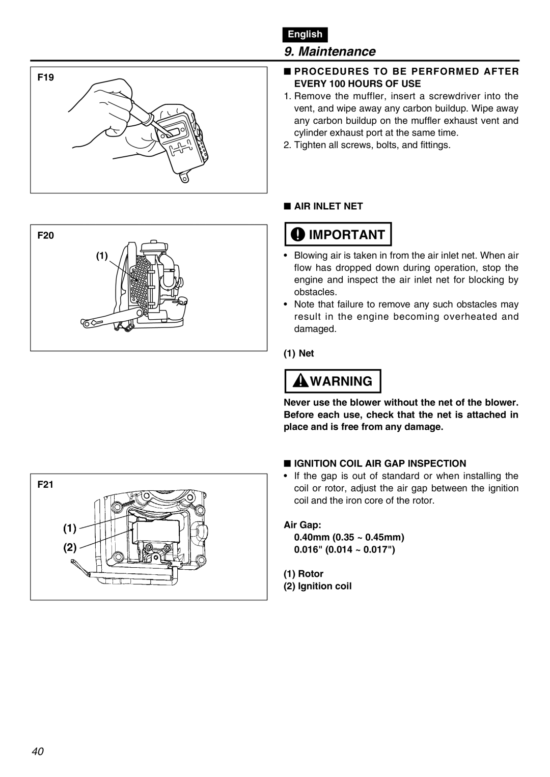 RedMax EBZ7001RH-CA, EBZ7001-CA manual F19 F20 F21, Procedures to be Performed After Every 100 Hours of USE, AIR Inlet NET 