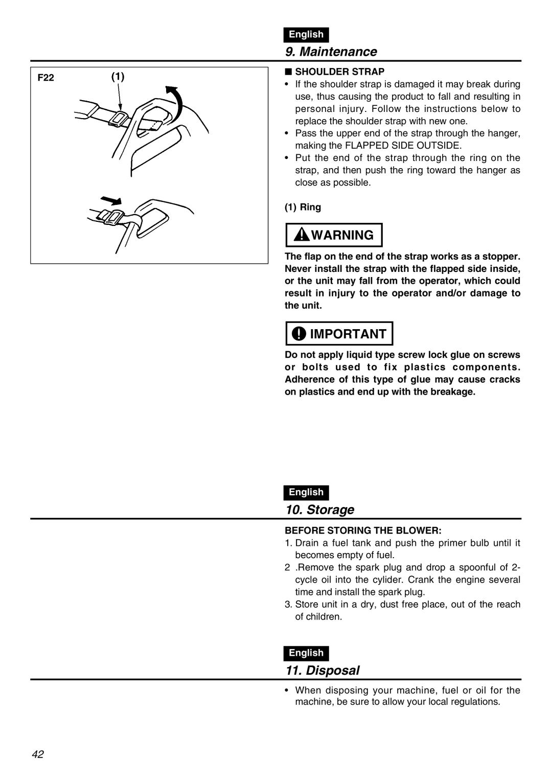 RedMax EBZ7001RH-CA, EBZ7001-CA manual Storage, Disposal, F22, Shoulder Strap, Before Storing the Blower 