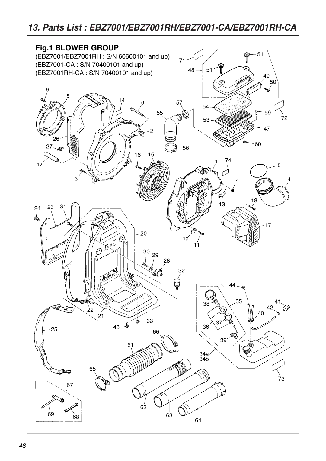 RedMax manual Parts List EBZ7001/EBZ7001RH/EBZ7001-CA/EBZ7001RH-CA 