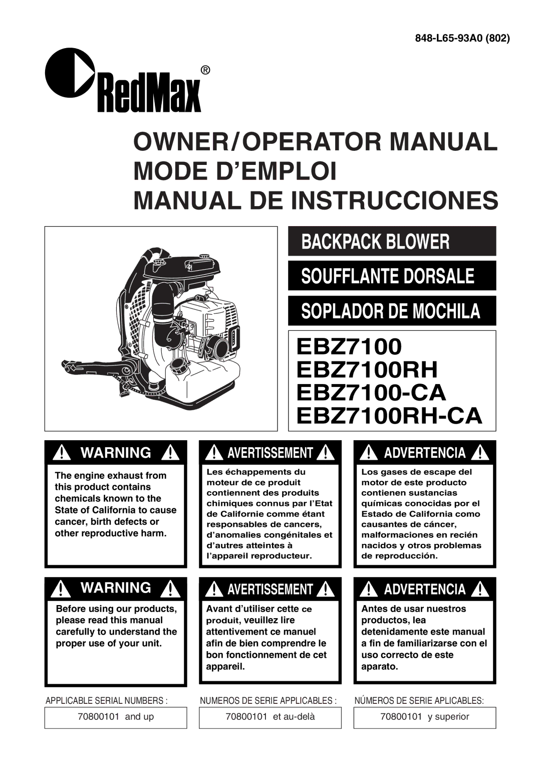 RedMax EBZ7100RH-CA, EBZ7100-CA manual OWNER/OPERATOR Manual Mode D’EMPLOI Manual DE Instrucciones 