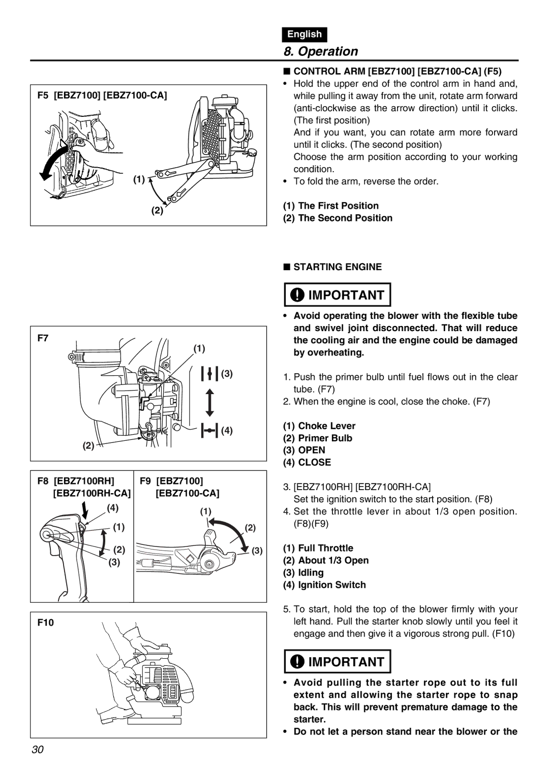 RedMax EBZ7100-CA, EBZ7100RH-CA manual Operation, Starting Engine, Close 