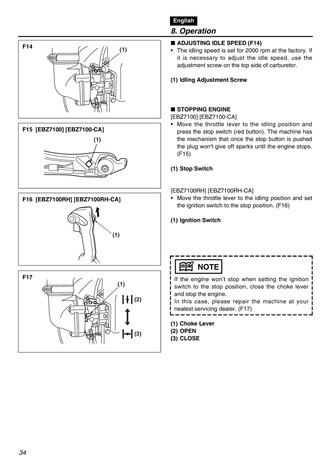 RedMax EBZ7100-CA, EBZ7100RH-CA manual Adjusting Idle Speed F14, Stopping Engine 